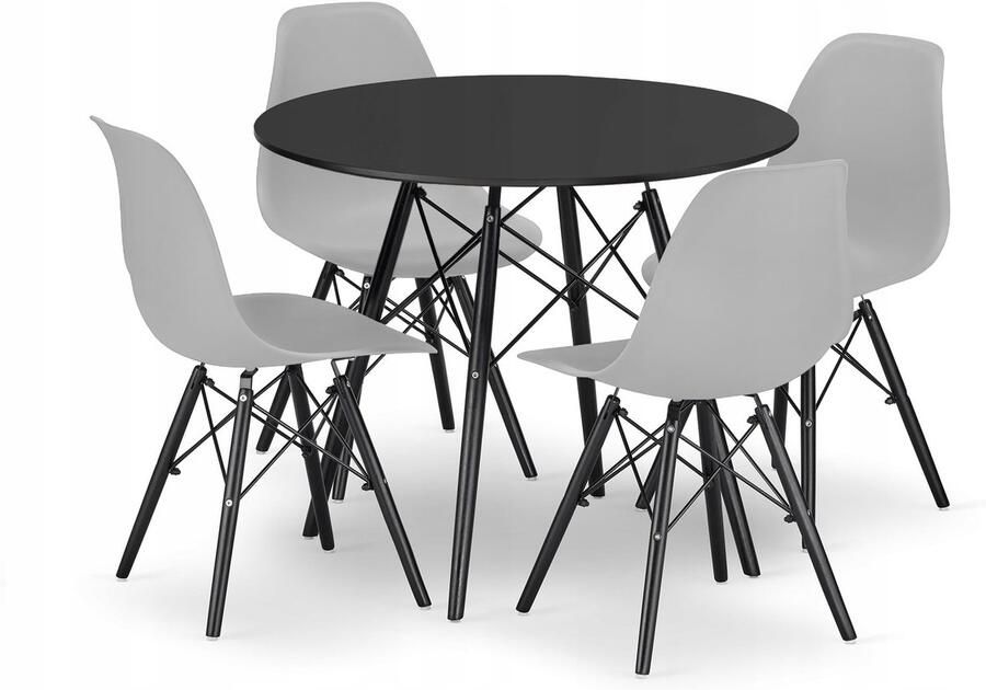 Oskar TODI 80 zwarte ronde tafelset + 4 OSAKA grijze stoelen