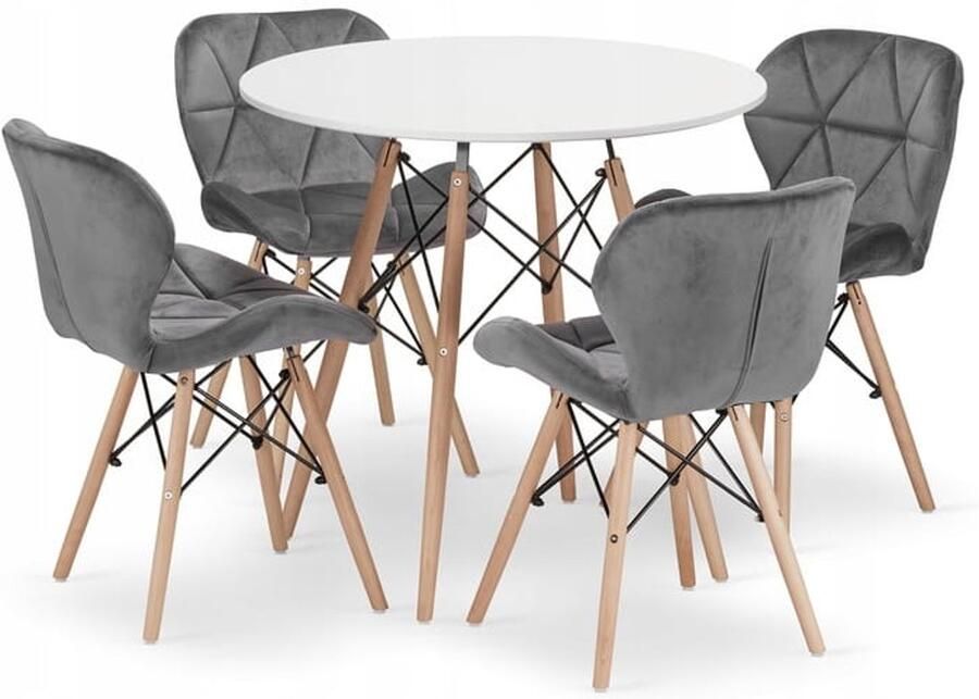 Oskar TODI 80cm witte ronde tafelset + 4 LAGO grijze stoelen
