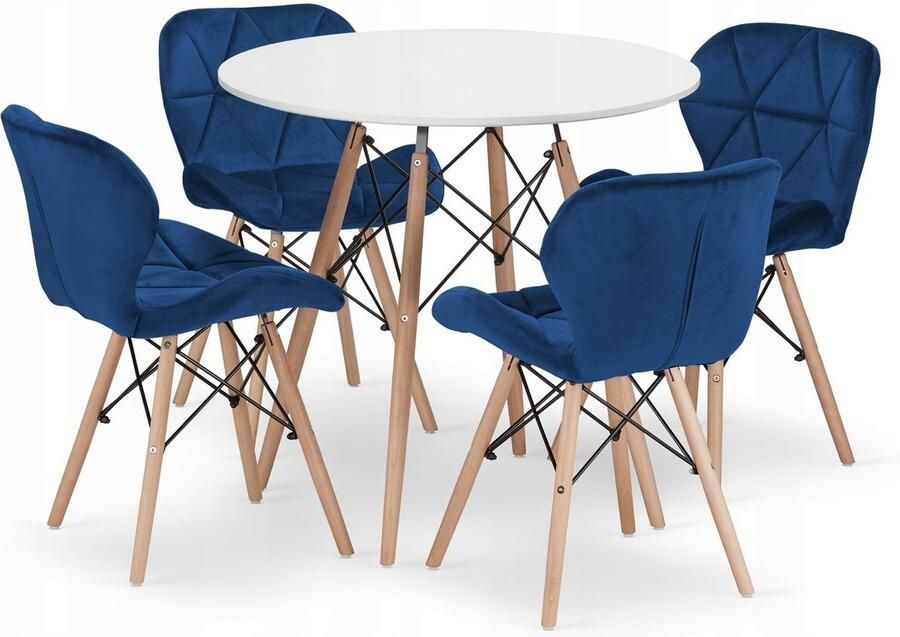 Oskar TODI 80cm witte ronde tafelset + 4 LAGO marineblauwe stoelen