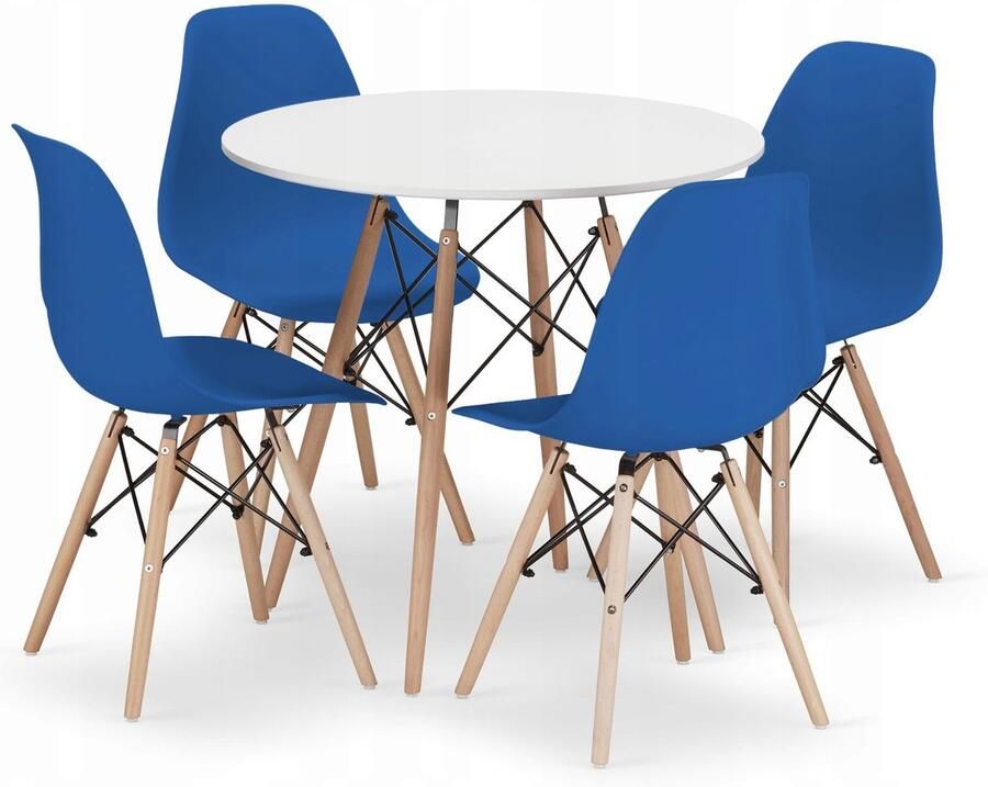 Oskar TODI 80cm witte ronde tafelset + 4 OSAKA blauwe stoelen