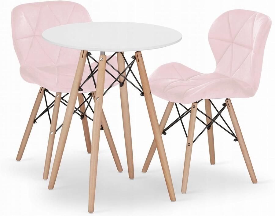 Oskar TODI ronde tafelset 60cm wit + 2 LAGO roze stoelen