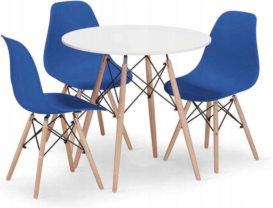 Oskar TODI ronde tafelset 80cm wit + 3 OSAKA blauwe stoelen