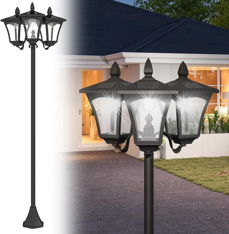 Outsunny Lantaarn zonne energie met 3 Lampen Zwart - Foto 2