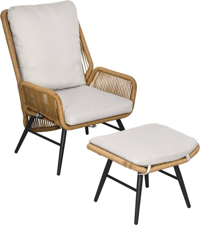 Outsunny Relaxstoel met Hocker Rattan Houtlook 67×83×94 cm