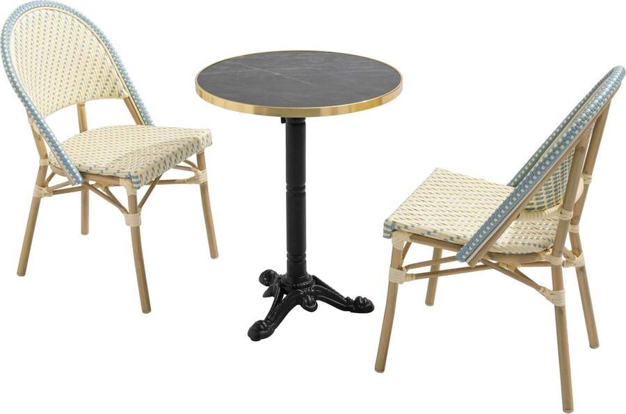 Oviala 60 cm verstelbare zwartmarmeren terrastafel en 2 blauwe stoelen Montmartre