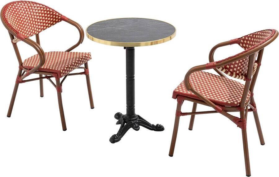 Oviala 60 cm verstelbare zwartmarmeren terrastafel en 2 rode stoelen Montmartre