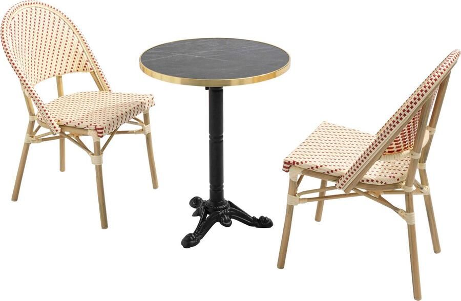 Oviala 60 cm verstelbare zwartmarmeren terrastafel en 2 rode stoelen Montmartre