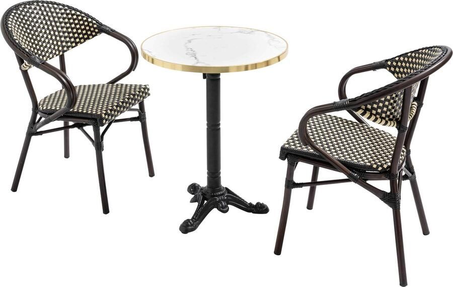 Oviala 60 cm witte marmeren verstelbare terrastafel en 2 zwarte stoelen Montmartre