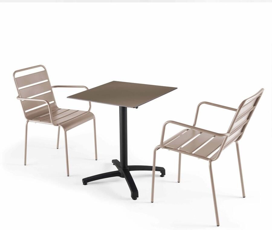 Oviala 60x60 cm taupe verstelbare tafel met 2 taupe fauteuils Opéra