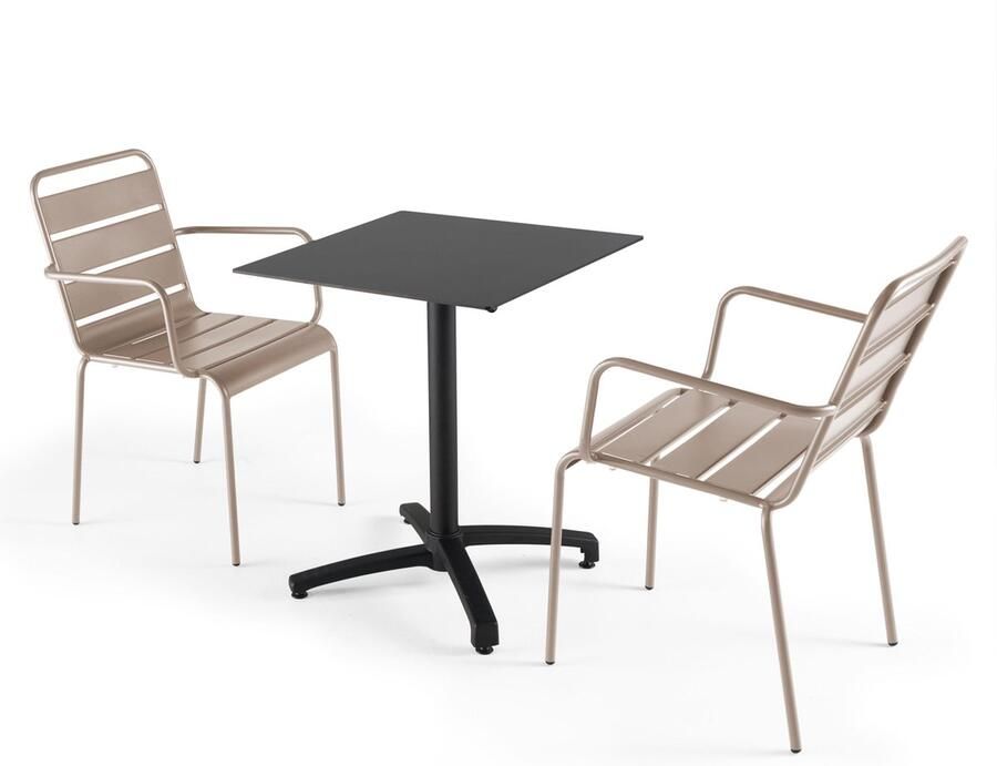 Oviala 60x60 cm zwarte verstelbare tafel met 2 taupe fauteuils Opéra