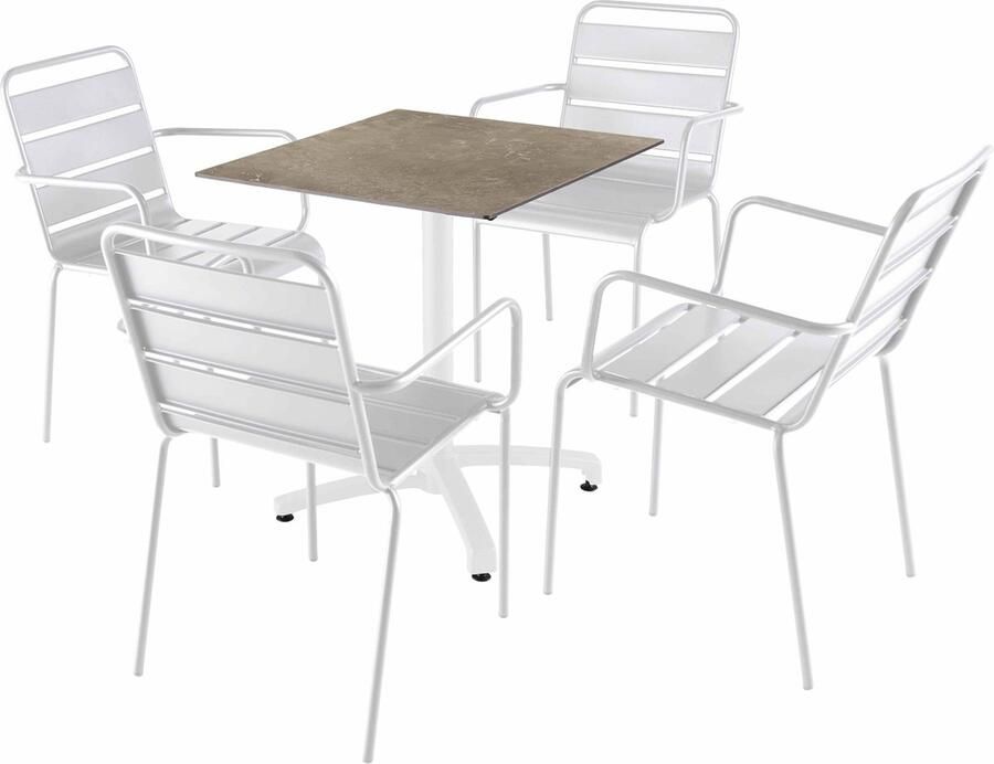 Oviala 70x70 cm beige marmeren verstelbare tafel met 4 witte stoelen Opéra