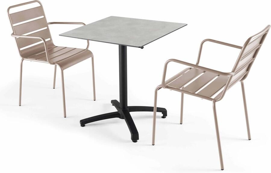 Oviala 70x70 cm luie tafel in lichtgrijs met 2 taupe stoelen Opéra