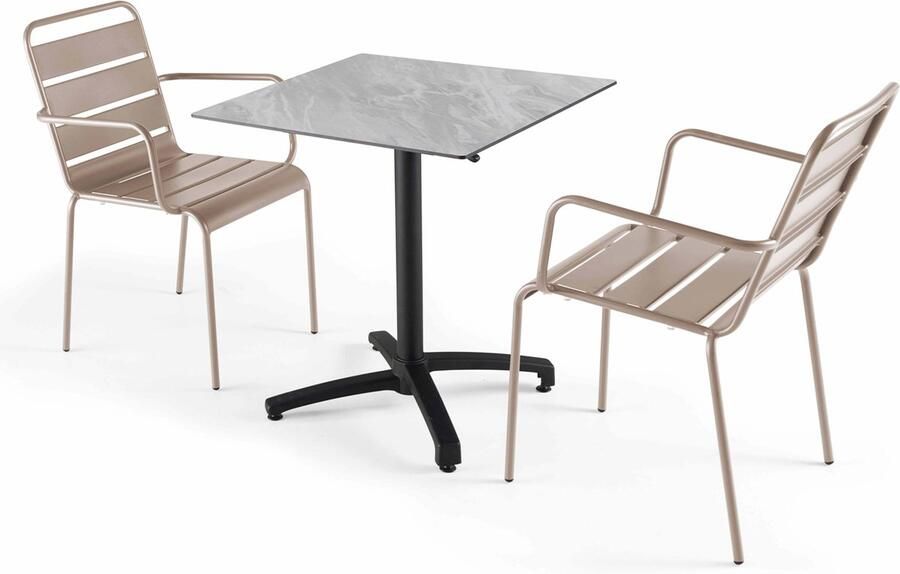 Oviala 70x70 cm marmeren verstelbare tafel met 2 taupe stoelen Opéra