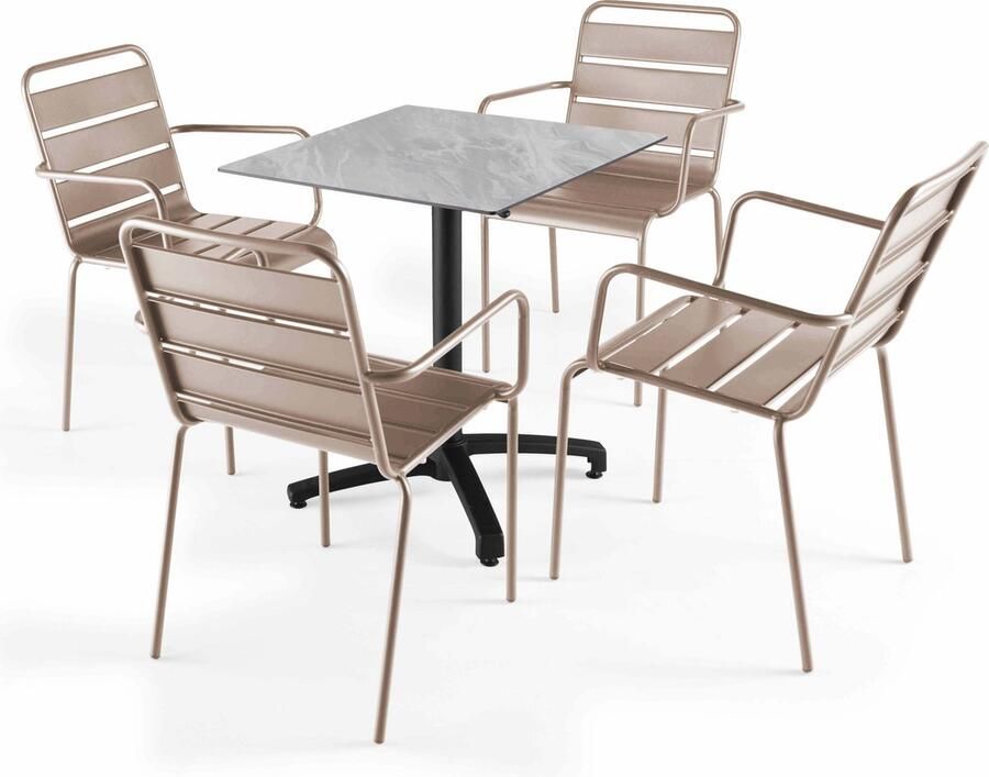 Oviala 70x70 cm marmeren verstelbare tafel met 4 taupe stoelen Opéra