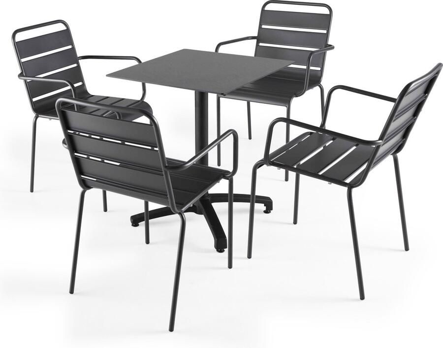 Oviala Een leigrijze laminaat tuintafel en 4 grijze fauteuils