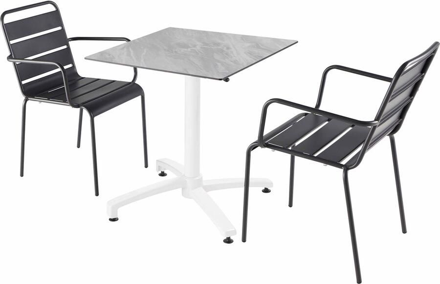 Oviala Een tuintafel met marmeren laminaat en 2 grijze fauteuils