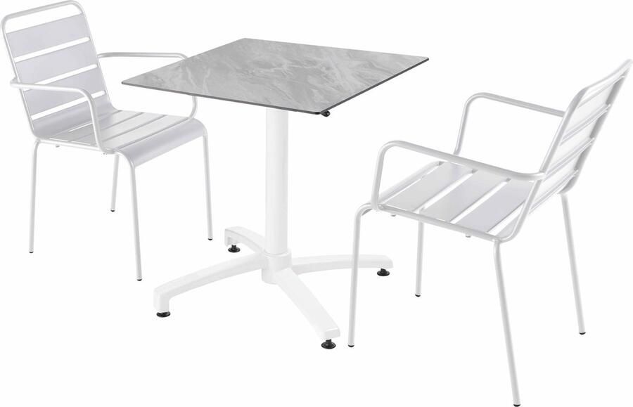 Oviala Een tuintafel met marmeren laminaat en 2 witte fauteuils