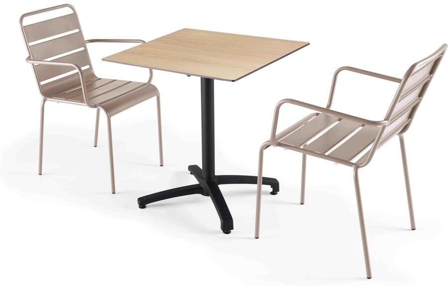 Oviala Een tuintafel met natuurlijk eikenhouten laminaat en 2 taupe stoelen