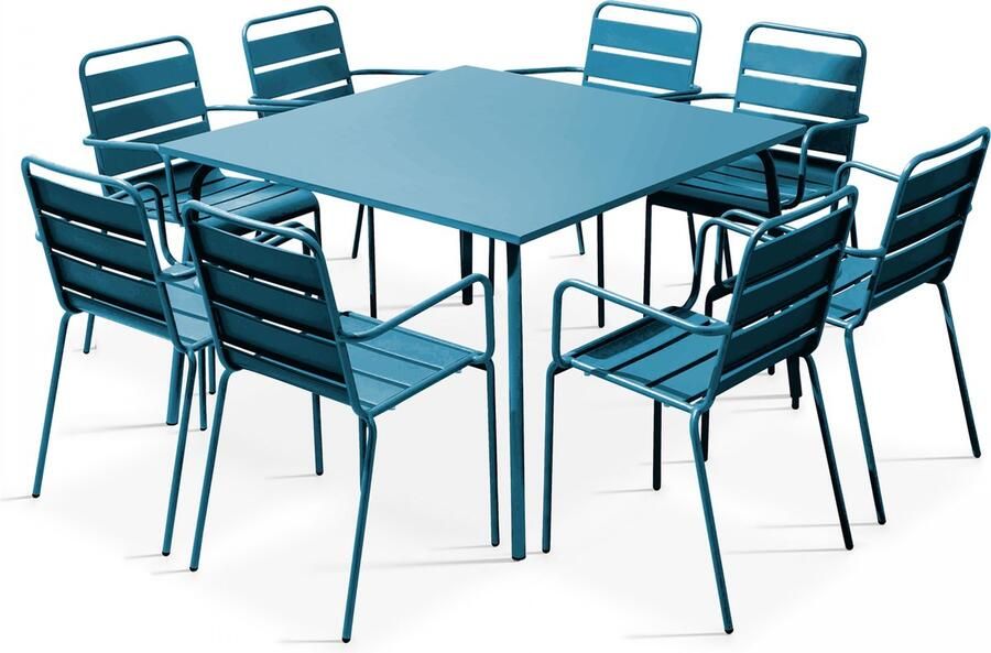 Oviala Een vierkante tuin tafel en 8 fauteuils in blauw pacific metaal Palavas