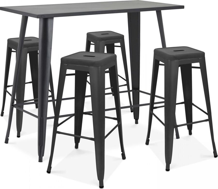 Oviala Hoge tuintafel en 4 matzwarte krukjes