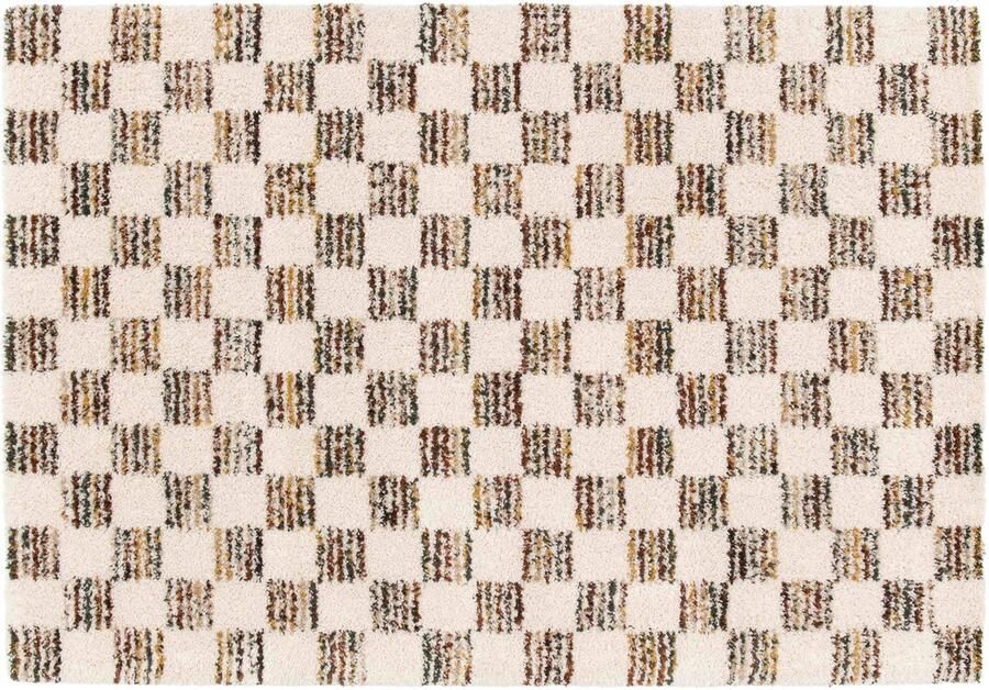 Oviala Hoogpolig vloerkleed met bruin vierkant patroon 120 x 170 cm Candy