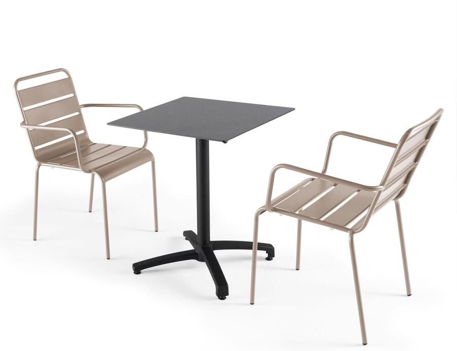 Oviala Leigrijze laminaat tuintafel en 2 taupe fauteuils