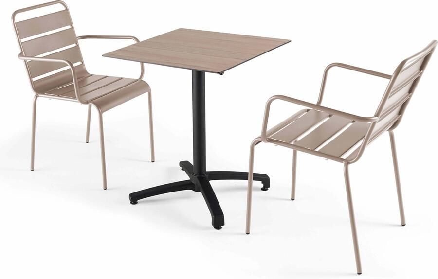 Oviala Licht eiken 60x60 cm verstelbare tafel met 2 taupe fauteuils Opéra