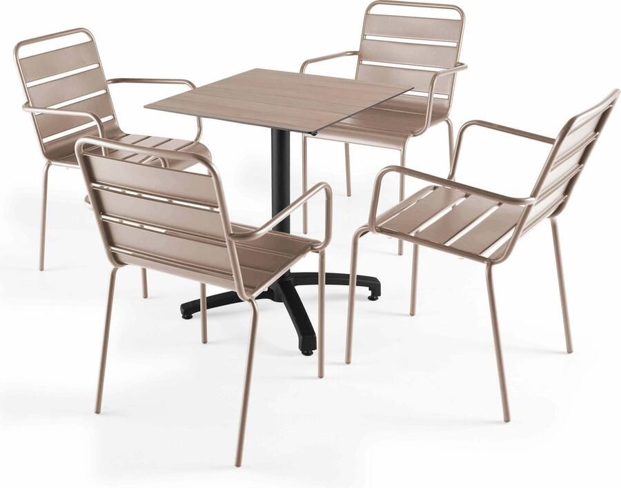 Oviala Licht eiken 60x60 cm verstelbare tafel met 4 taupe fauteuils Opéra