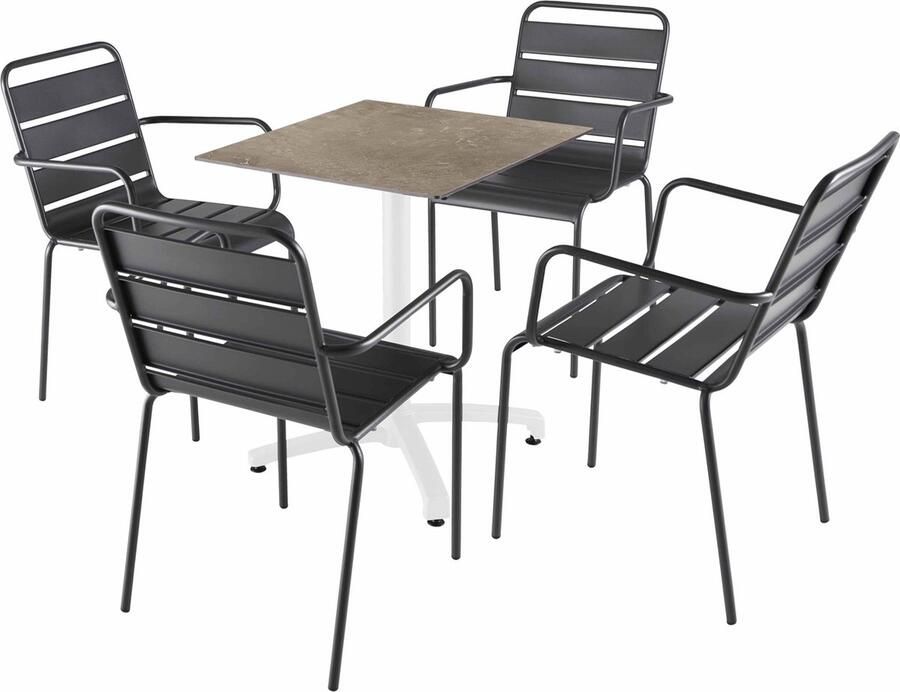 Oviala Ligtafel van 60x60 cm in beige marmeren laminaat en 4 grijze stoelen Opéra