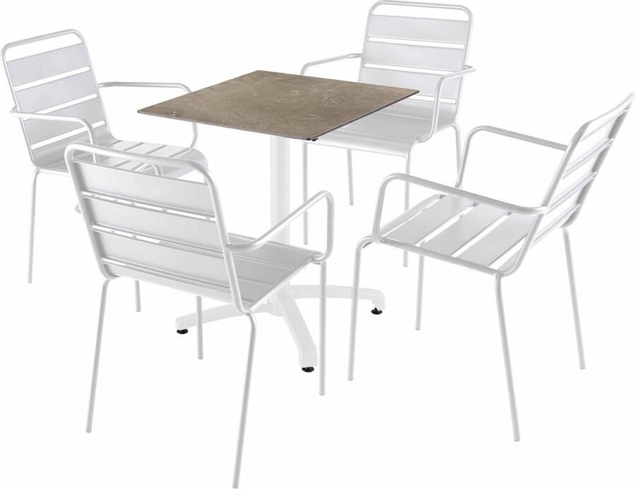 Oviala Ligtafel van 60x60 cm in beige marmeren laminaat en 4 witte stoelen Opéra