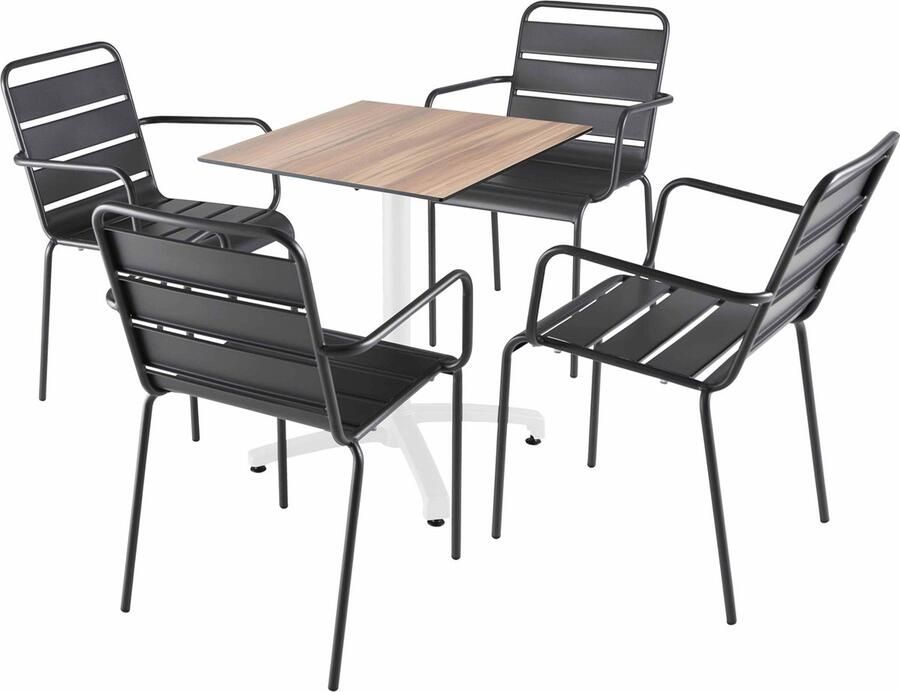 Oviala Ligtafel van 60x60 cm in donker eiken laminaat en 4 grijze stoelen Opéra