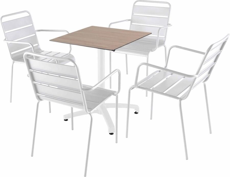 Oviala Ligtafel van 60x60 cm in licht eiken laminaat en 4 witstoelen Opéra