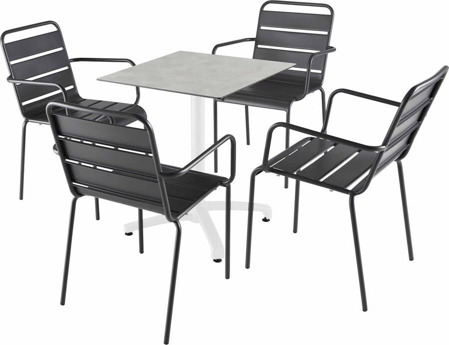 Oviala Ligtafel van 60x60 cm in lichtgrijs betonlaminaat en 4 grijze stoelen Opéra