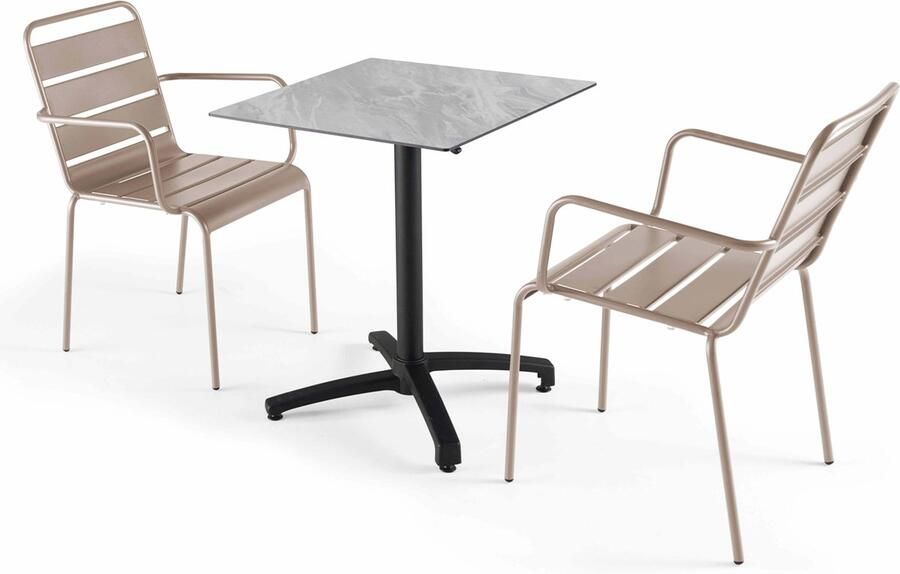 Oviala Marmeren 60x60 cm verstelbare tafel met 2 taupe fauteuils Opéra