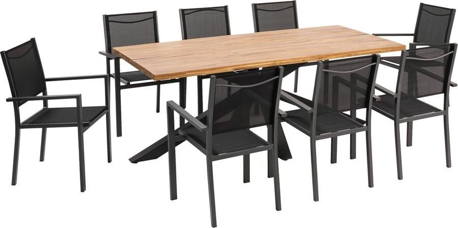 Oviala Rechthoekige tuintafel en 8 stoelen in aluminium en acacia