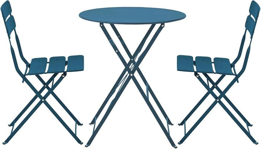 Oviala Ronde opvouwbare tuintafel en 2 Pacific blauwe opvouwbare stoelen