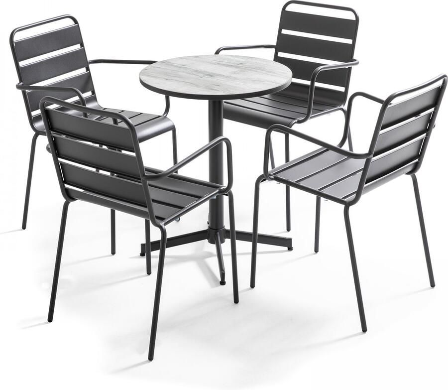 Oviala Ronde tuintafel met 4 grijze stalen fauteuils