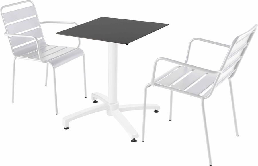 Oviala Samenstelling van een zwarte gelamineerde tuinset en 2 witte fauteuils