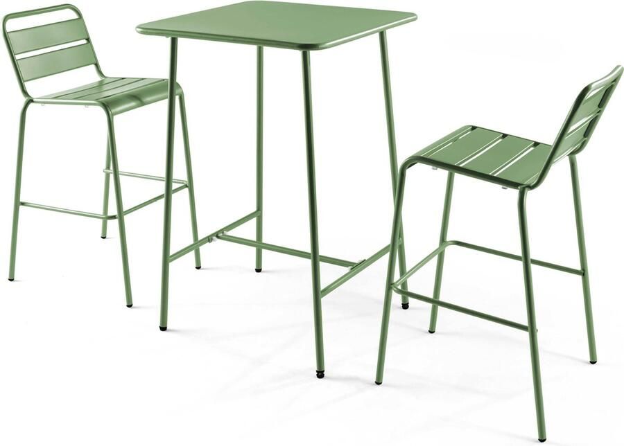 Oviala Set bartafel en 2 hoge stoelen van groen cactusmetaal Palavas