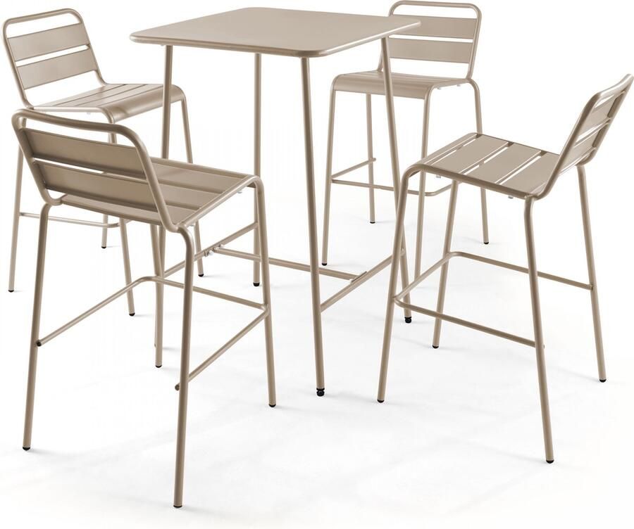 Oviala Set bartafel en 4 hoge stoelen in taupekleurig metaal Palavas