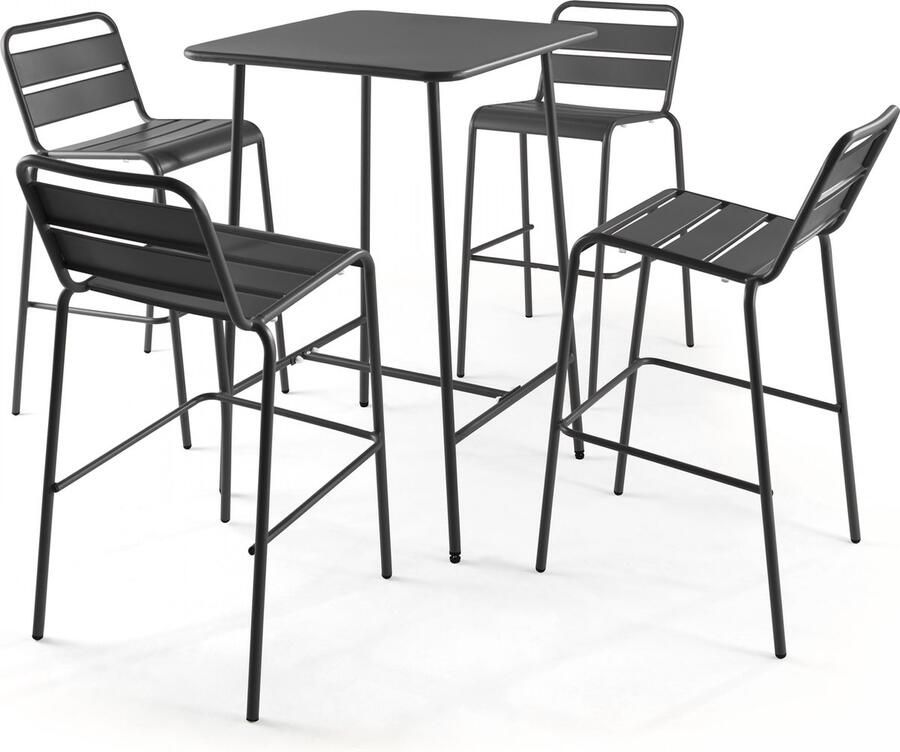 Oviala Set bartafel en 4 hoge stoelen van antraciet metaal Palavas
