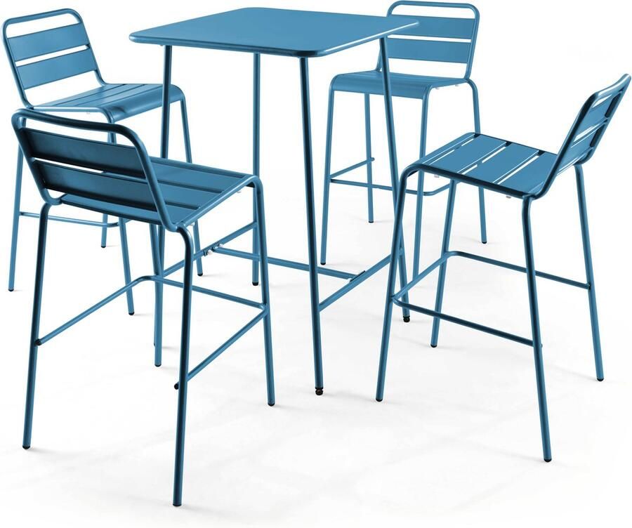 Oviala Set bartafel en 4 hoge stoelen van blauw pacifisch metaal Palavas