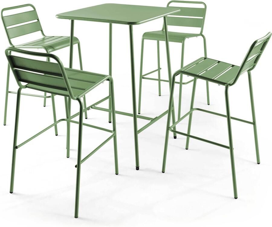 Oviala Set bartafel en 4 hoge stoelen van groen cactusmetaal Palavas