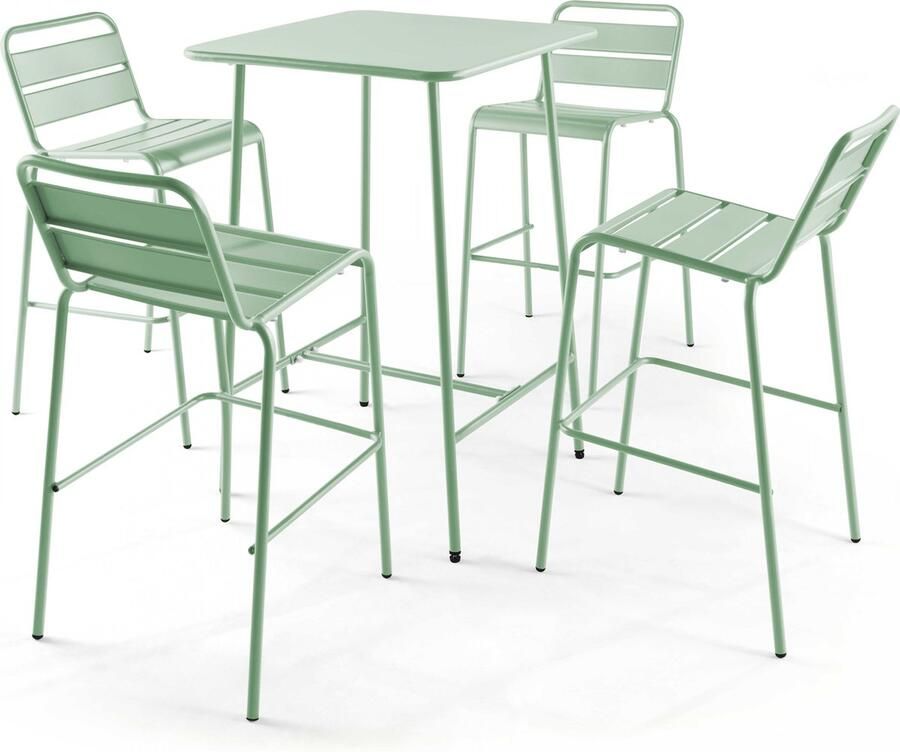 Oviala Set bartafel en 4 hoge stoelen van groen salie metaal Palavas