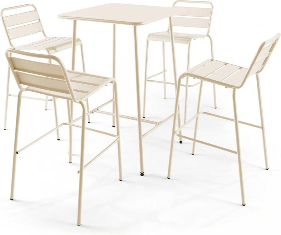 Oviala Set bartafel en 4 hoge stoelen van ivoor metaal Palavas