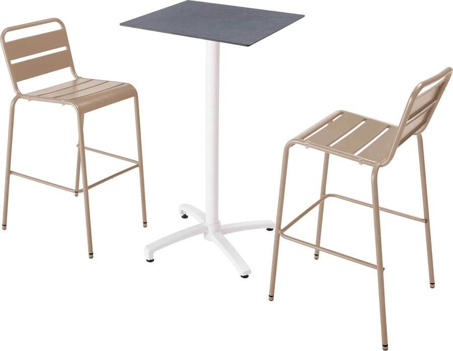 Oviala Set hoge grijze laminaat tafel en 2 hoge taupe stoelen