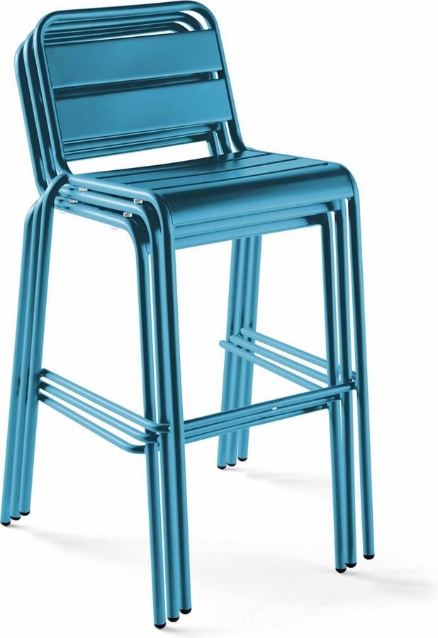 Oviala Set hoge tafel en 4 barkrukken in blauw pacific metaal Palavas