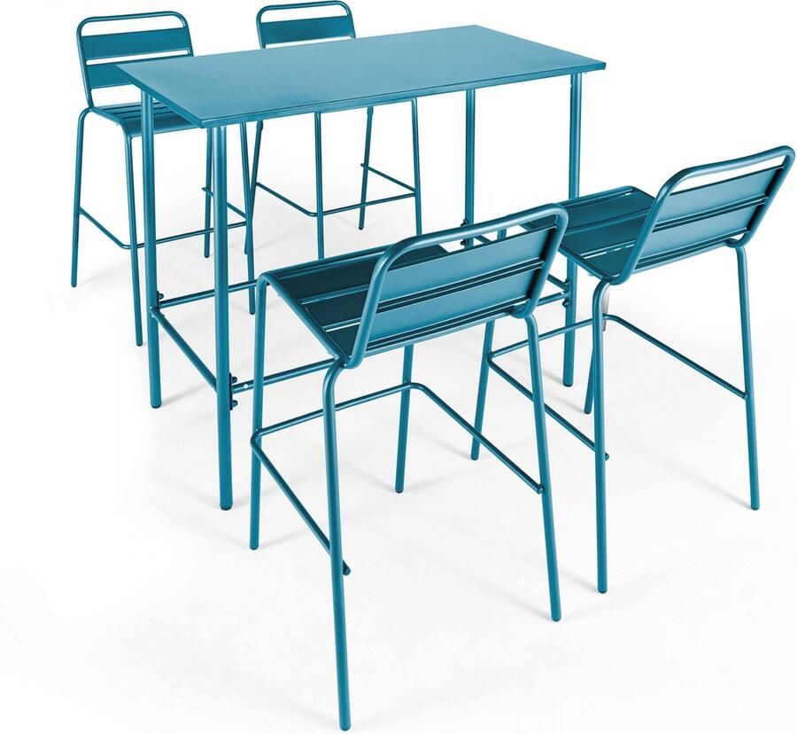 Oviala Set hoge tafel en 4 barkrukken in blauw pacific metaal Palavas - Foto 2