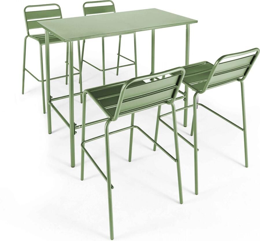 Oviala Set hoge tafel en 4 barkrukken in cactusgroen metaal Palavas