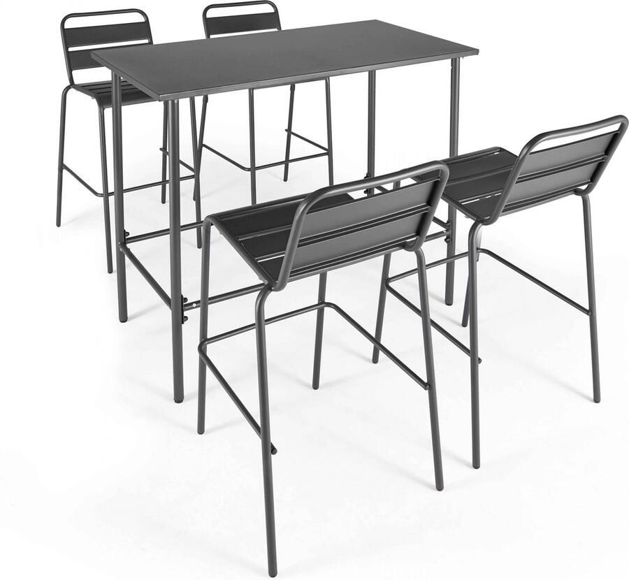 Oviala Set hoge tafel en 4 barkrukken in grijs metaal Palavas